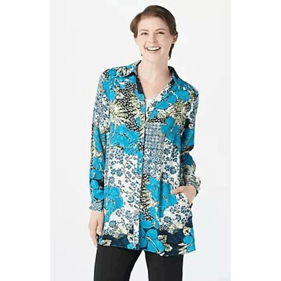 Susan Graver Womens 3X Printed Woven Button Front Long Sleeve Big Shirt Blue NWT - Picture 1 of 5
